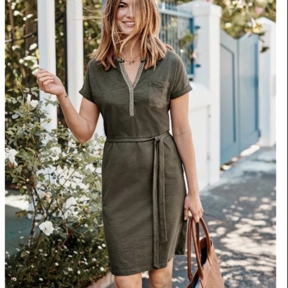Boden Dresses & Skirts - Boden Army Olive Green Gold Dora Embroidered Tie Waist Jersey Dress Size 2R